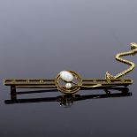 A 15ct gold opal and split-pearl floral bar brooch, with openwork stylised settings, brooch length