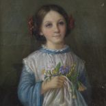 19th century coloured pastels, portrait of a girl with flowers, unsigned, 24" x 21", framed