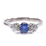 An 18ct white gold 3-stone sapphire and diamond ring, setting height 5.5mm, size O, 2.8g