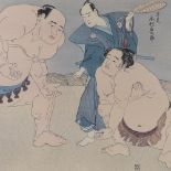 Japanese colour woodblock print, Sumo wrestlers, 14.5" x 20", framed