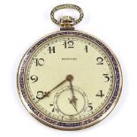 MOVADO - an Art Deco 14ct gold and enamel open-face top-wind slimline pocket watch, 17 jewel