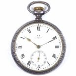 OMEGA - a sterling silver-cased open-face top-wind pocket watch, white enamel dial with Roman