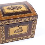A Victorian Tunbridge Ware dome-top tea caddy, inlaid micro-mosaic bands with Spaniel design to