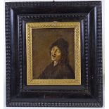 Circle of Adrienne Van Ostade, oil on wood panel, laughing man, indistinctly signed, 6" x 5", framed