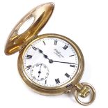 J W BENSON - a 9ct gold half hunter side-wind pocket watch, white dial with Roman numeral hour