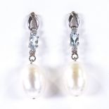 A pair of unmarked white gold pearl aquamarine and diamond drop earrings, earring height 31.8mm, 4.