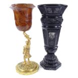 A Continental carved ebony vase, height 36cm, and a gilt-metal vase with turned maple bowl (2)