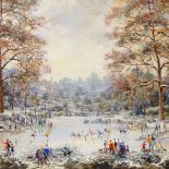 Wilfred Kingsford (British 20th century), oil on panel, ice skaters in a winter landscape, signed