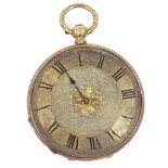 An 18ct gold open-face key-wind pocket watch, floral engraved case and face, with Roman numeral hour