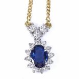An 18ct gold sapphire and diamond cluster pendant necklace, with diamond set bale and 18ct chain,