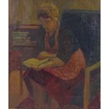 Early to mid-20th century oil on canvas, woman reading a book, unsigned, 21" x 18", framed