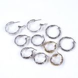 5 pairs of 9ct white gold hoop earrings, 9.9g total (5)