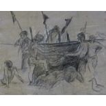 Laetitia Yhap (born 1941), 2 charcoal and chalk drawings, Scratching out the nets, signed and