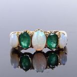 A 9ct gold 5-stone opal and emerald half-hoop ring, maker's marks JMJ, hallmarks Birmingham 1993,