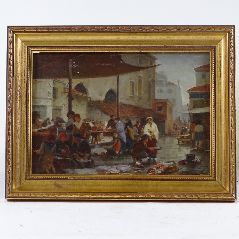 W H Jobbins, oil on panel, the old fish market Venice, inscribed verso, 6.5" x 9.5", framed. This is - Image 2 of 4