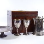 A Victorian electroplate Communion set, comprising a large lidded flagon, 2 chalices and a tazza,