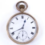 A 9ct gold open-face top-wind pocket watch, white dial with Roman numeral hour markers, blued