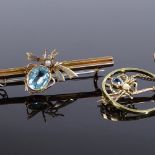 A 15ct gold sapphire and pearl figural spider brooch, diameter 24.4mm, 2.8g, together with a 9ct