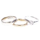 2 9ct gold wedding band rings, both size M, 4.8g, together with a 9ct white gold solitaire diamond