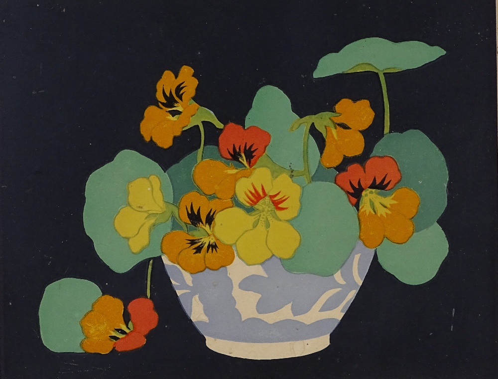 John Paul Thorpe, colour woodcut print, Nasturtiums, signed in pencil, image 9" x 11.5", framed