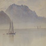 F Leman, watercolour, lake scene, 13" x 10", framed