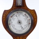 An Edwardian rosewood and marquetry inlaid aneroid barometer and thermometer