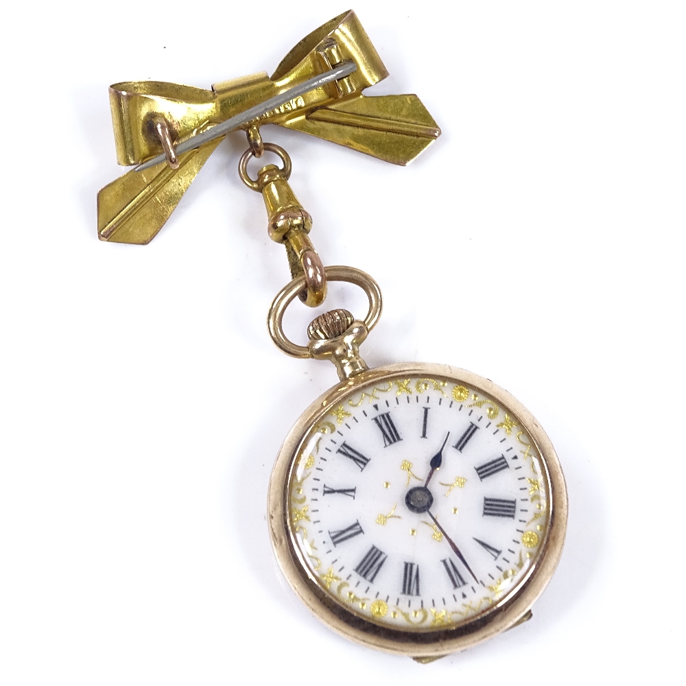 A Continental 12.5ct gold open-face top-wind fob watch, with detailed coloured enamel caseback - Image 2 of 5