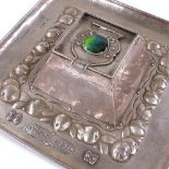 NEWLYN - a rare George V silver and enamel square inkwell desk stand, with central Ruskin panel,