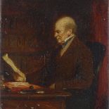 19th century oil on board, portrait of a man at a desk, inscribed verso Birket Foster (exhibited