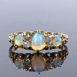 An 18ct gold graduated 7-stone opal and diamond half-hoop ring, with scroll engraved shoulders,