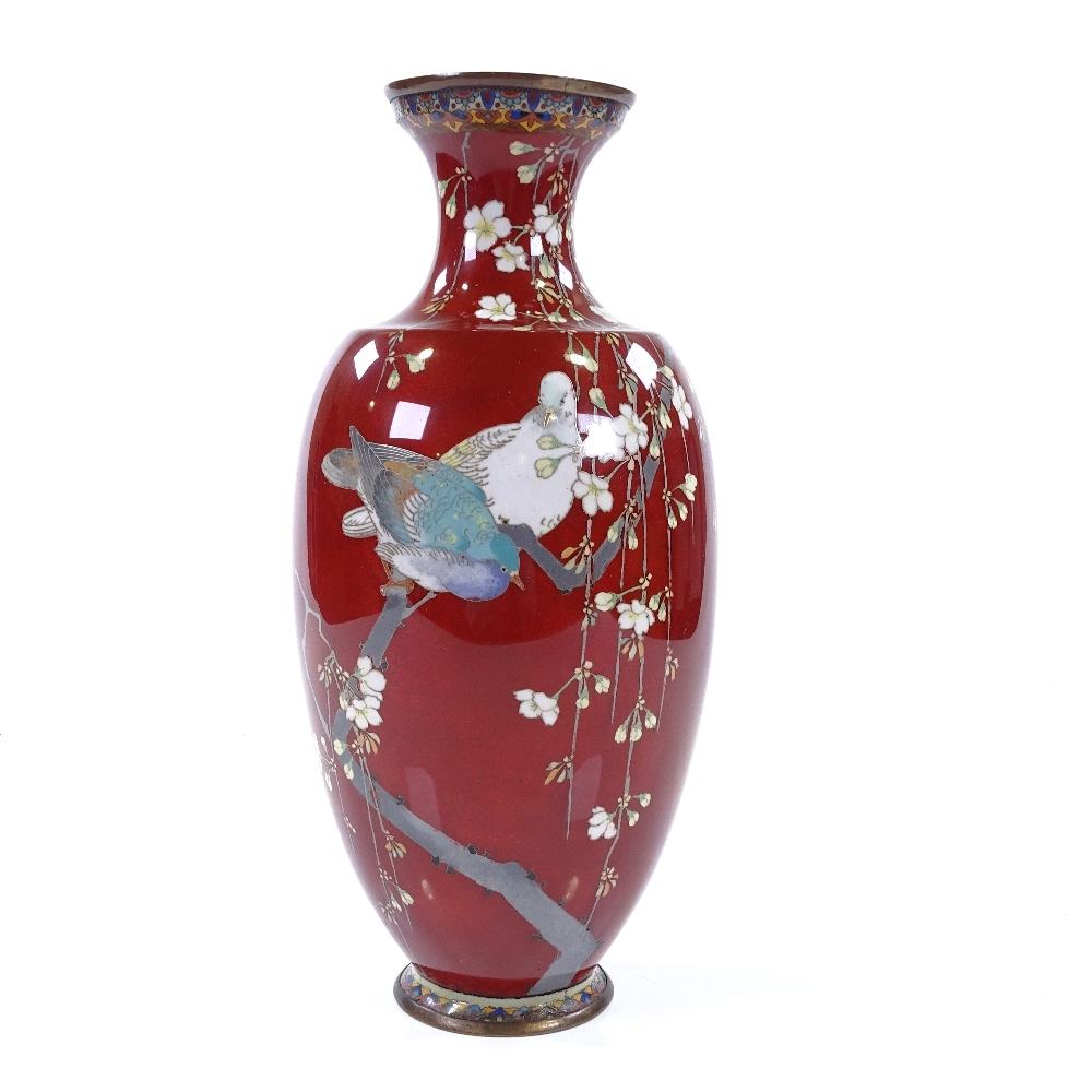 A Japanese cloisonne enamel red ground vase, with detailed exotic bird decoration, height 37cm - Image 2 of 3