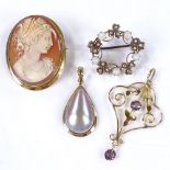 Various gold jewellery, including openwork amethyst pendant, cameo etc, 13.2g total (4)