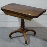 A 19th century mahogany fold over card table on quadruple base, width 3'
