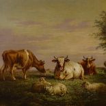 Henry Charles Bryant, oil on canvas, sheep and cattle in a landscape, 20" x 30", framed