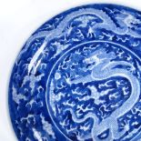 A Chinese blue and white porcelain dragon design plate, 6 character mark, diameter 24cm