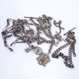 7 silver Albert watch chains, some with T-bars and fobs, 280g total