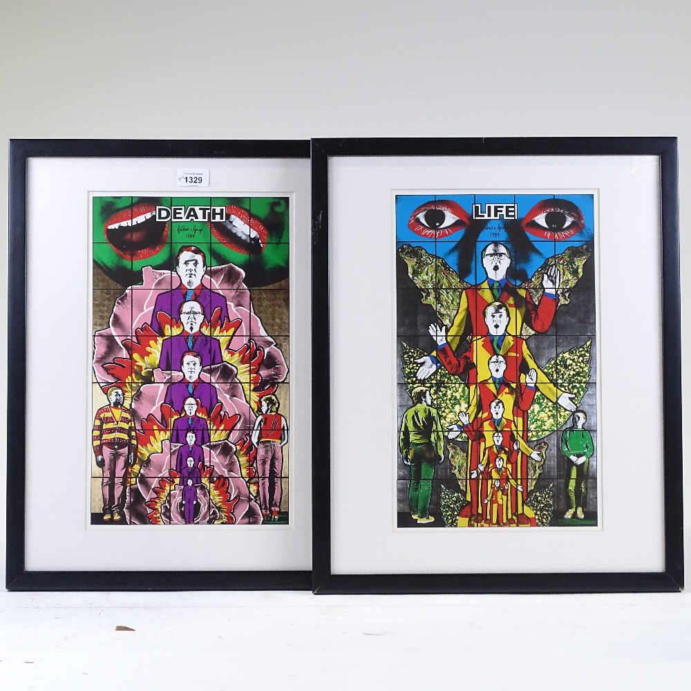 Gilbert and George, 2 colour prints, abstracts - life and death, 1984, 15.5" x 9", framed