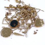 Various gold jewellery, including heart locket, swivel fob, brooch etc, 38g total