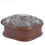 An Edwardian silver-topped wooden jewel box, with relief embossed floral decoration, by William J