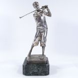 W Zwick, solid silver sculpture of a golfer, signed on green marble plinth, overall height 35cm