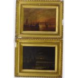 Pair of 19th century oils on board, sunset and moonlit harbour scenes, unsigned, 5" x 7.5", framed