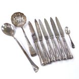 Various silver flatware, including Arts and Crafts style long spoon, sugar sifter etc