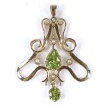 A 9ct gold peridot and split-pearl pendant, with stylised openwork settings, pendant height 36.
