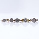 5 9ct gold diamond cluster rings, sizes M, N, O and S, 15.7g total (5)