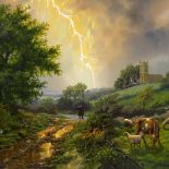 † Daniel Van Der Putten, oil on panel, lightning over Whiston, 10.5" x 14", framed