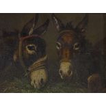 19th century oil on board, 2 donkeys, unsigned, 6" x 8.5", framed