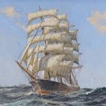 John Noble, oil on canvas board, a three-masted rigger at sea, signed, 16" x 20", framed