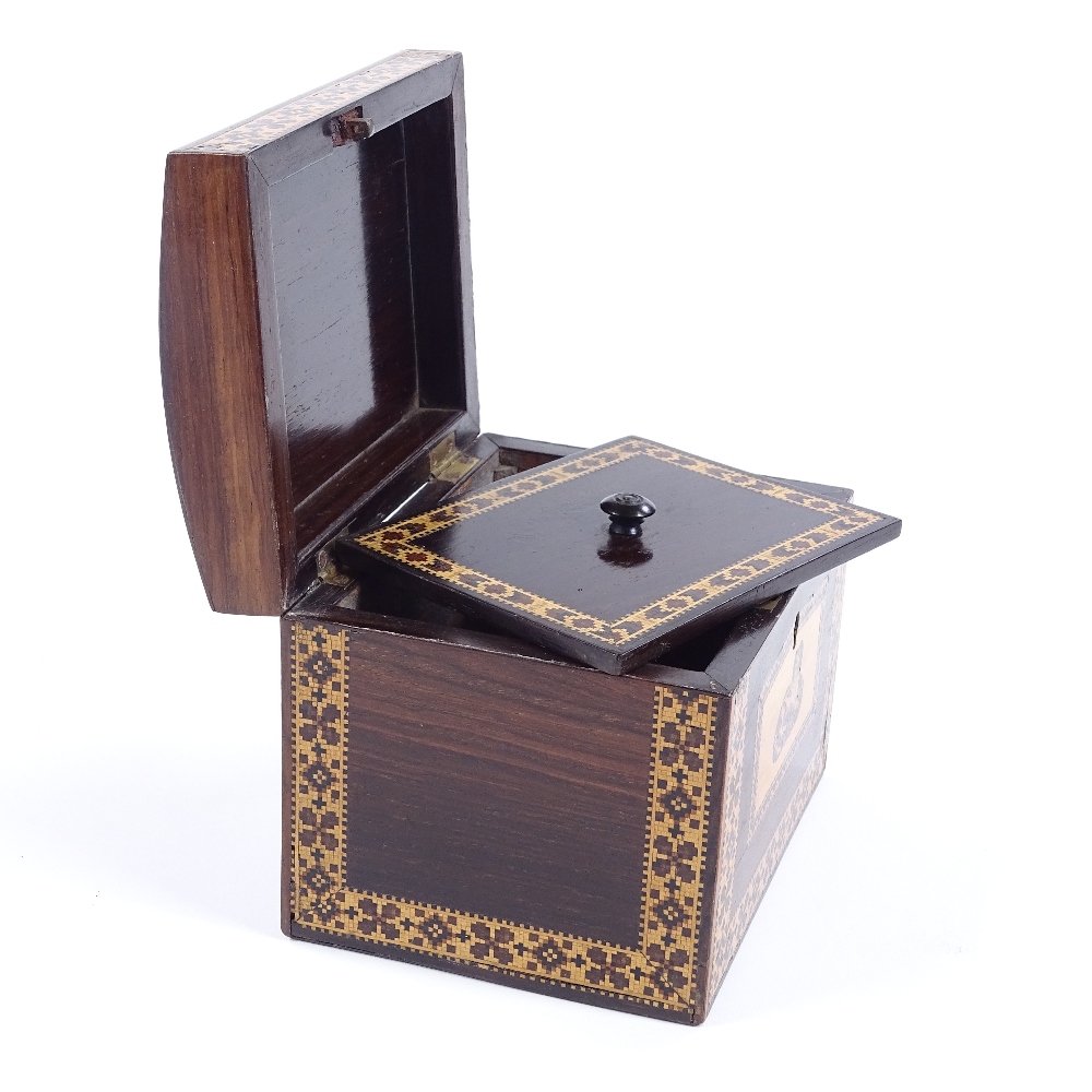 A Victorian Tunbridge Ware dome-top tea caddy, inlaid micro-mosaic bands with Spaniel design to - Image 3 of 3