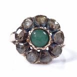 An 18ct gold green stone and rose-cut diamond cluster flowerhead ring, closed back settings, setting