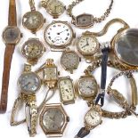 Various gold watch cases, including one with 9ct expanding strap, 250g total